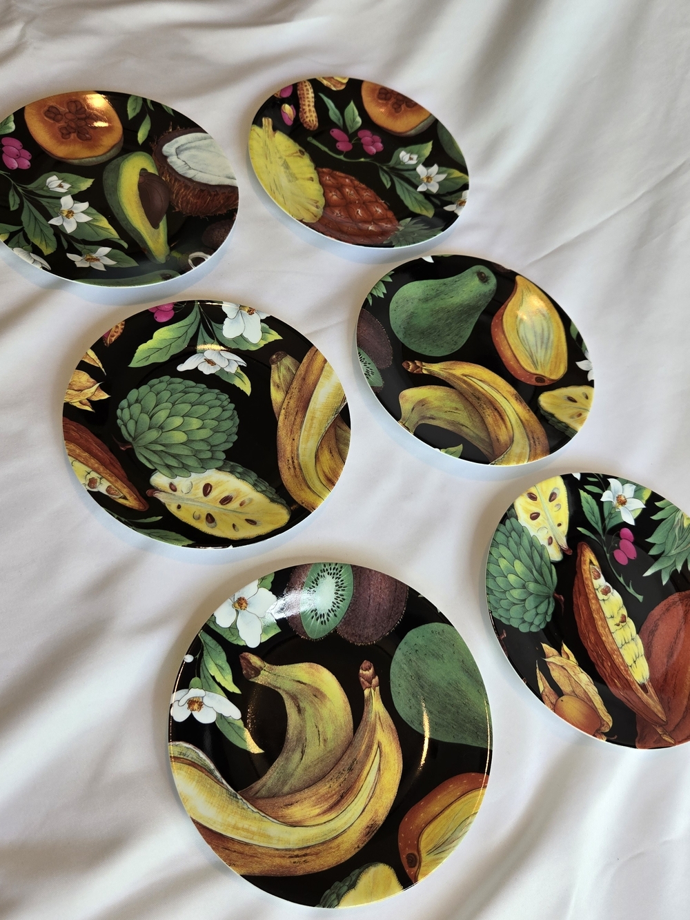 Philippe Deshoulieres Limoges Fruit Tropicaux Fond Noir 6 Plate Set Appetizer